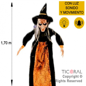 MUECA BRUJA NARANJA Y NEGRA CON LUZ MOVIMIENTO Y SONIDO 123 CM HALLOWEEN X 1